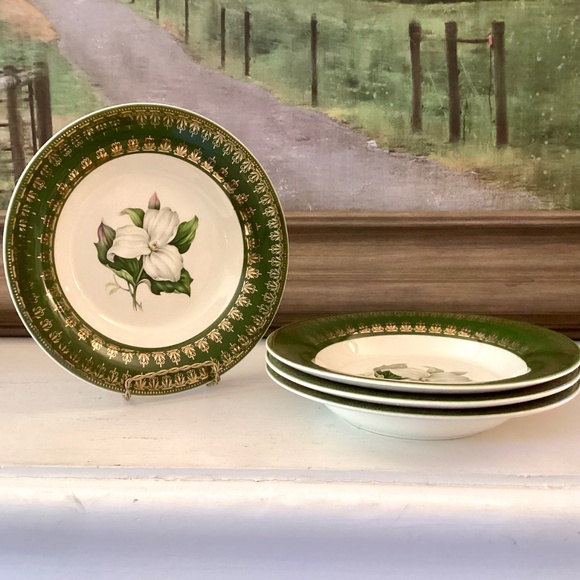 4 soup bowls American Limoges L'Triomphe Trillium Forest Green Dinnerware 22K - Picture 9 of 9